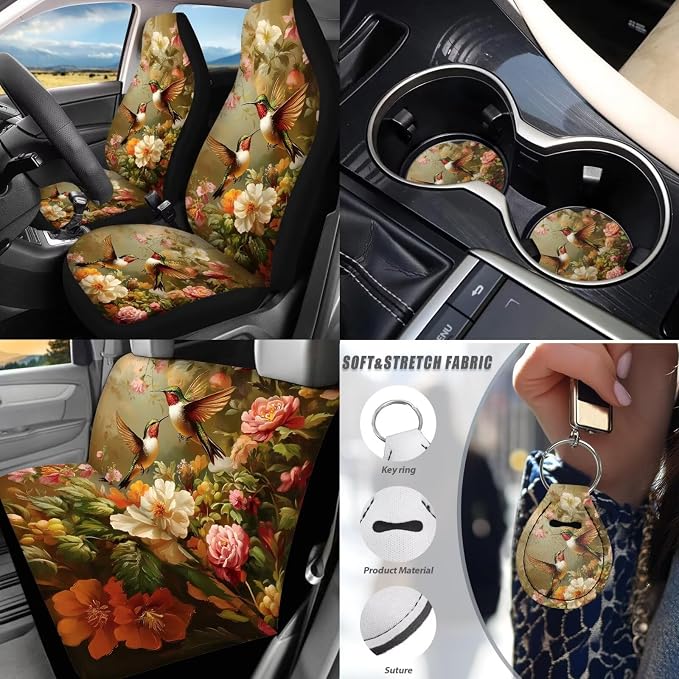 Hummingbird Flower Car Seat Covers Full Set of 17 Pcs,Hummingbird Car Accessories with Steering Wheel Covers Seat Belt Shoulder Pad Keychains Vehicle Interior Seat Mat Cover for Women Gifts
