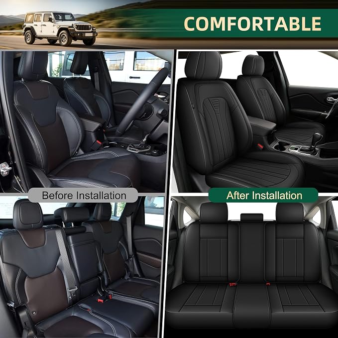 Car Seat Covers Fit for Jeep Cherokee 2014-2023 2026 Waterproof Leather Seat Covers Breathable and Comfortable All Weather Seat Covers (Full Set 5 Seat, Black)