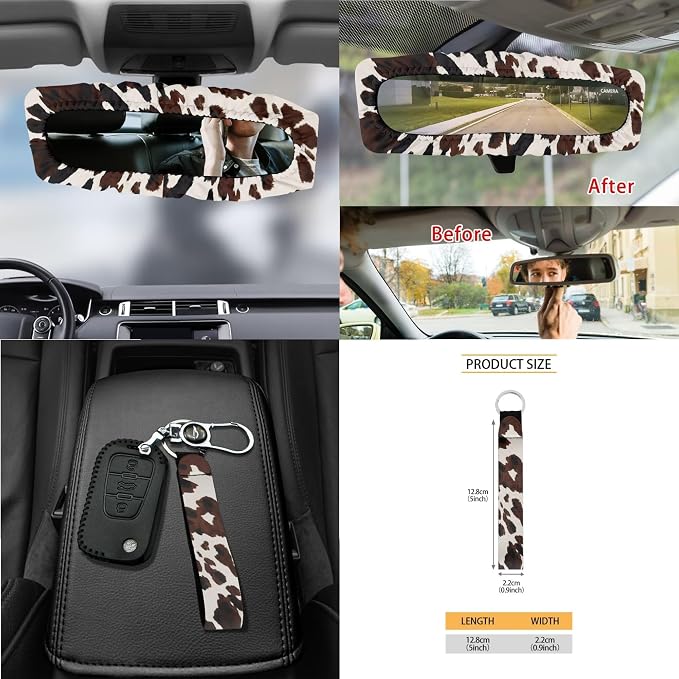 Cow Spot Print 15 Pack Car Accessories Set Car Seat Covers Steering Wheel Cover Seat Belt Strap Pad Rearview Mirror Cover Garbage Cans Air Vent Storage Bag Cup Holder Key Chain