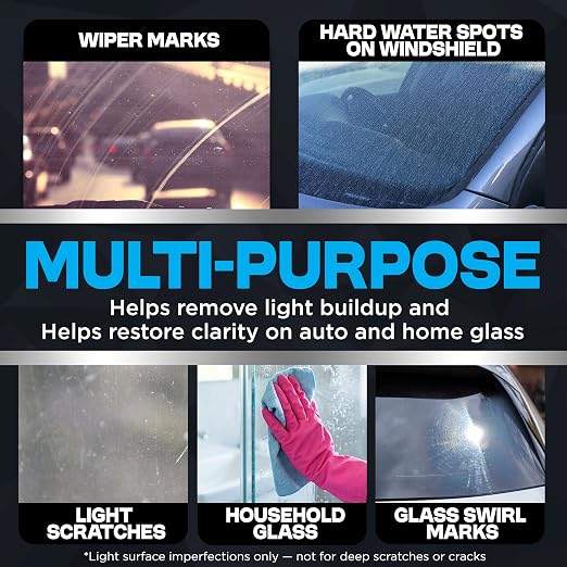 Durabasics Cerium Oxide Glass Polish – Glass Scratch Remover for Light Scratches, Haze & Wiper Marks on Windshields – Glass Polishing Compound with 3” Wool Felt Pad Kit – 16oz