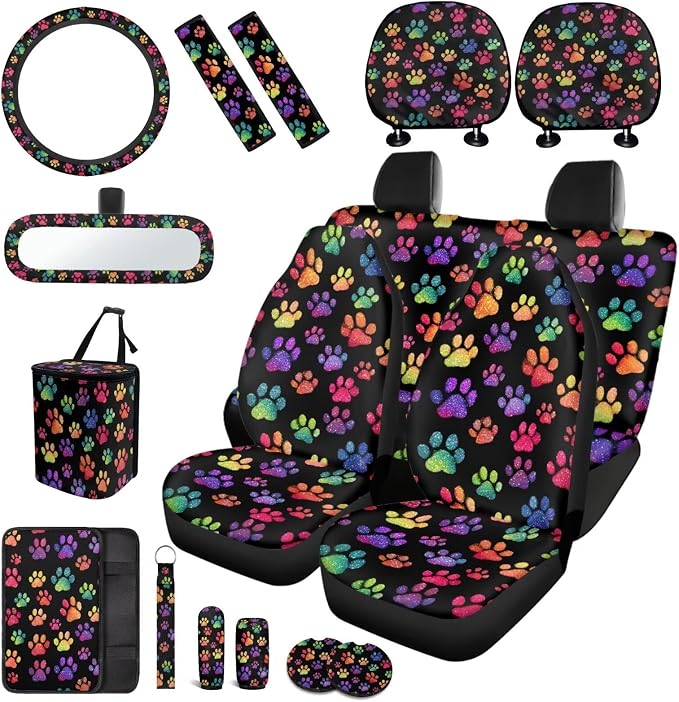 Colorful Dog Paw Print Car Seat Covers Full Sets with Front and Split Rear Bench,Dog Paw Print Car Accessories with Headrest Covers,Steering Wheel Covers Universal Fit, Car, Truck, SUV, Van