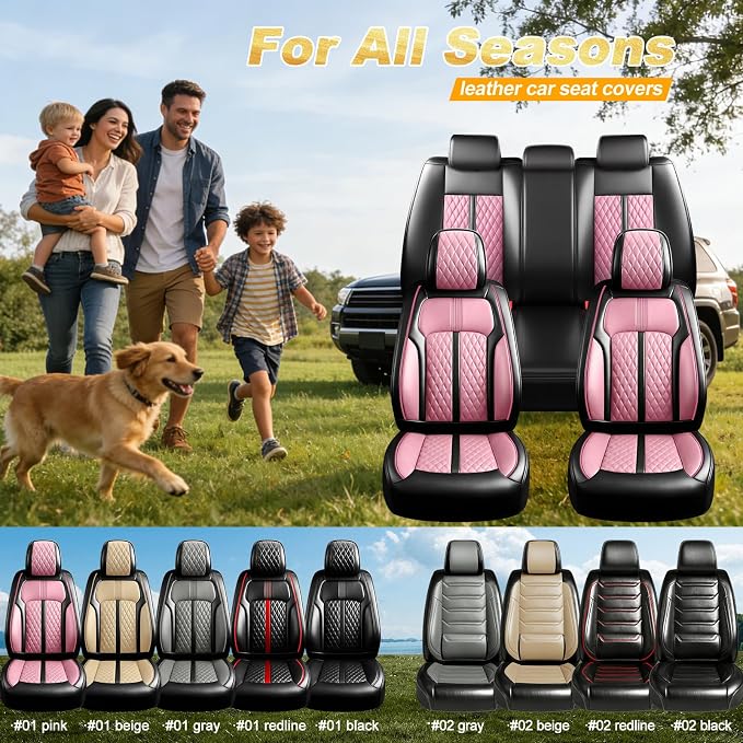 Fit XT6 Car Seat Covers for Select Cadillac XT6 2020-2025 - Premium Full Coverage Leather, Airbag Compatible & Scratch-Resistant, Waterproof & All Weather Seat Protector, Full Set, Black+Pink