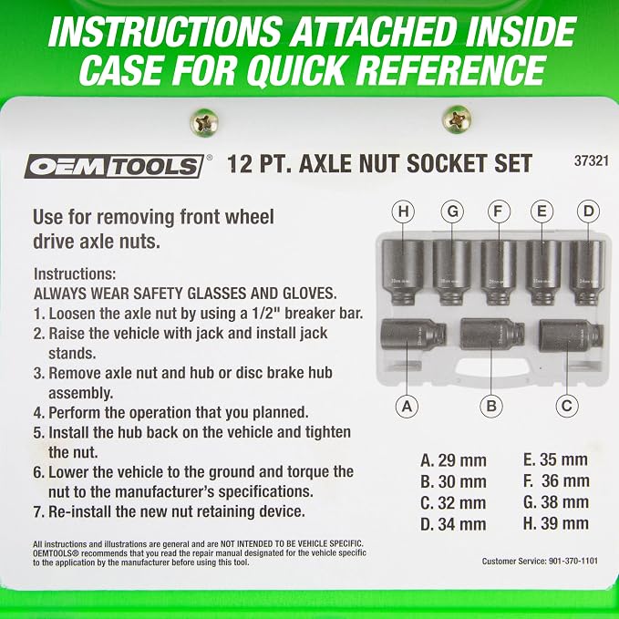 OEMTOOLS 37321 8 Piece 1/2 Inch Drive Axle Nut Socket Set, 12 Point Set, 29mm, 30mm, 32mm, 34mm, 35mm, 36mm, 38mm, and 39mm Socket Set with Case