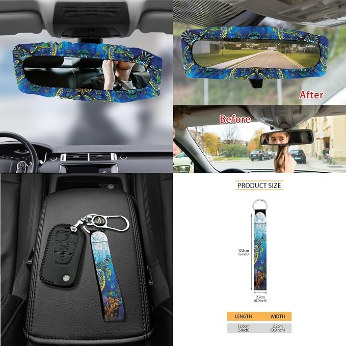 Turtle Coral Glass Print 15 Pack Car Accessories Set Car Seat Covers Steering Wheel Cover Seatbelt Strap Pad Garbage Cans Air Vent Storage Holder Rearview Mirror Cover Coasters Keychain