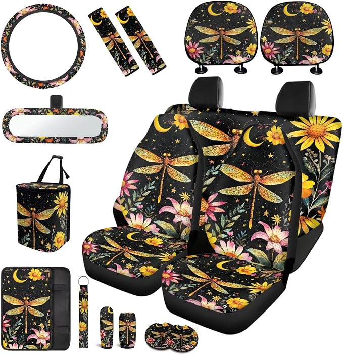 Dragonfly Car Seat Covers Full Sets 17 Pack for Women,Starry Sky Dragonfly Car Interior Accessories with Vehicle Trash Bag Starry Sky Auto Seat Head Rest Protector for Front Seat Rest Decor
