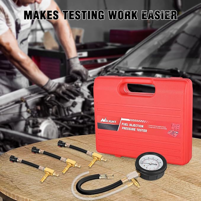 Nilight Fuel Pressure Gauge Tester Kit with Quick Connected Hose, 0-100 PSI Fuel Pressure Tester Tool with 6.30 7.89 9.49 Fuel Line Fittings, 4PCS