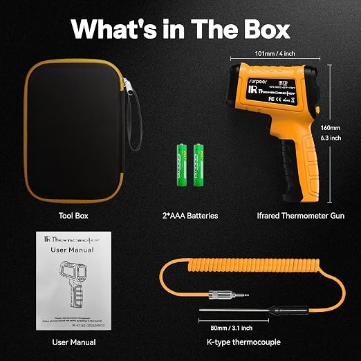 Infrared Thermometer Gun, Dual Mode, 50:1 D/S | -58°F-1796°F Surface Reading,-4°F to 932°F K-Type Probe, 13-Point Laser Accuracy, Humidity Monitoring, For HVAC & Pizza Ovens
