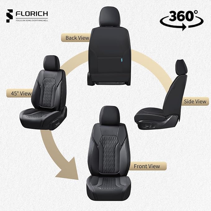 FLORICH Seat Covers, Car Seat Covers Full Set, Luxury Nappa Leather Seat Covers, Breathable and Waterproof Car Seat Protector 5 Seat, Automotive Seat Covers Universal Fit for Most Cars-Black&Beige