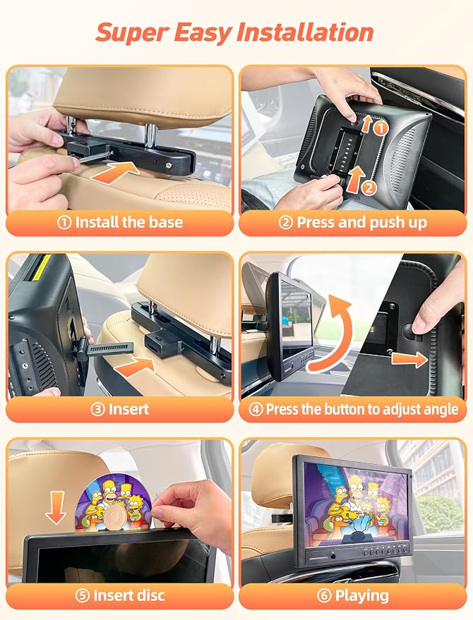 Arafuna 12" Portable DVD Player for Car with Headphone, Car DVD Player with Headrest Mount, Suction-Type Disc in, Headrest DVD Player Support HDMI Input, AV in/Out,1080P Video, USB/SD Card Reader