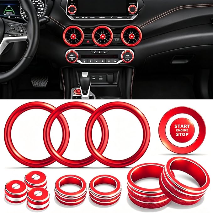 Interior Decoration Accessories for Nissan Sentra (2020-2025) - 12-Pieces Aluminum Alloy Ring Knob Cover Trim, Fits Push Start, A/C, Air Vent, & Volume Tune, 12PCS Set, Red