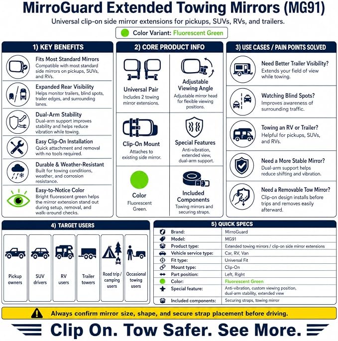 MG91 Dual-Arm Towing Mirrors for Trucks, SUVs, RVs & Trailers | Fluorescent Green finish with two securing straps and a rubber strap to help reduce vibration and keep mirrors steady.