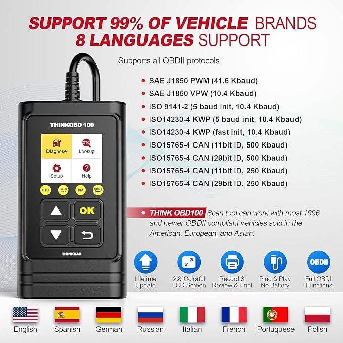 THINKCAR OBD2 Car Scanner, THINKOBD100 Check Engine Fault Code Reader with Full OBD II Functions, O2 Sensor, CAN Diagnostic Scan Tool for All Cars Since 1996