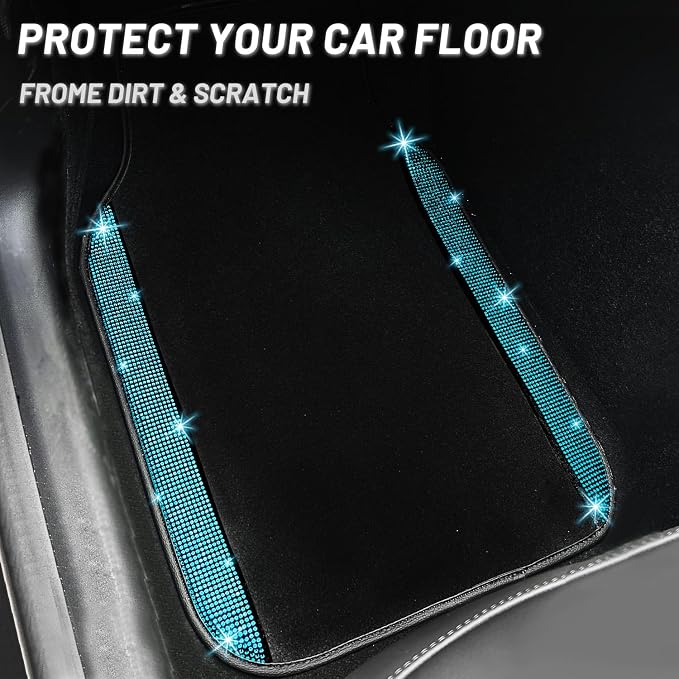 NBTEPEM Aquamrine Bling Car Floor Mats Full Set, Universal Fit Most Cars,SUV, Trucks, 4 pcs Sparkle Glitter Diamond Carpet for Women Girls with Anti-Slip Pad (Aquamarine Diamond)