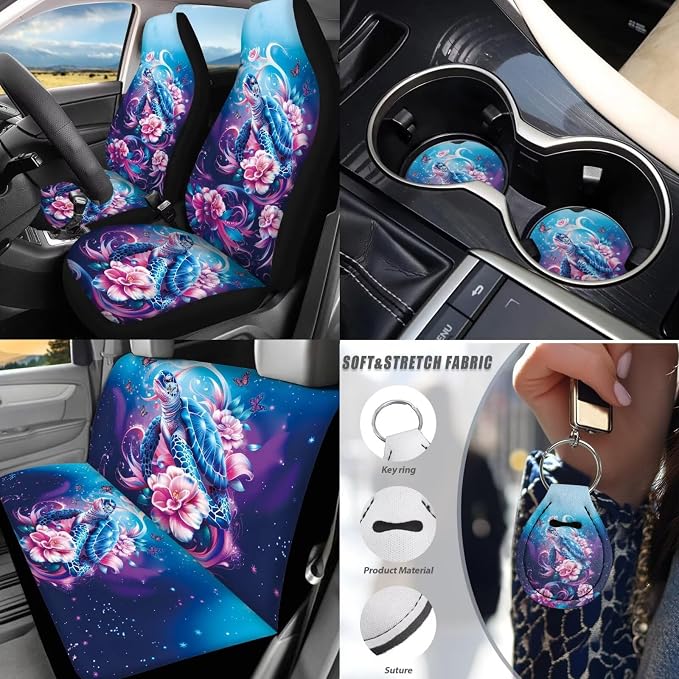 17Pcs Sea Turtle Flower Car Seat Covers Full Set for Women,Sea Turtle Flower Car Accessories Set with Seat Belt Pads Steering Wheel Cover Auto Front Rear Foot Carpet All Weather,Universal Fit