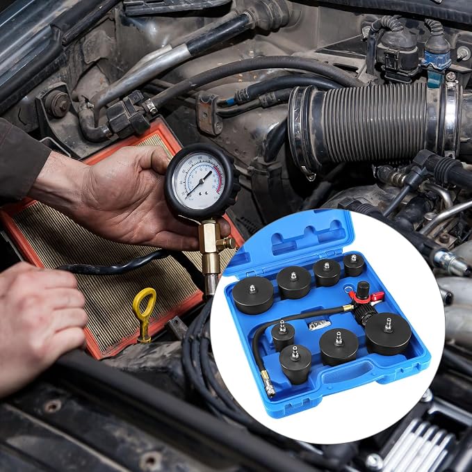 QWORK 9-Piece Turbo Boost Pressure Leakage Tester Set, 1-3/8" - 3-1/2", Compatible with Car Turbo Systems & Cooling System Hoses