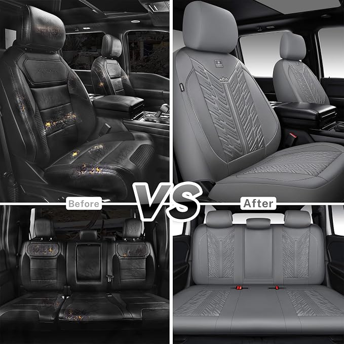 CAR PASS Waterproof Neoprene Seat Covers Full Sets, Wetsuit Car Seat Covers,All-Weather Non-Slip Durable,Universal Fit for Vans,Truck,SUV,3D Tyre Embossed Seat Covers with Airbag Compatible(All Gray)