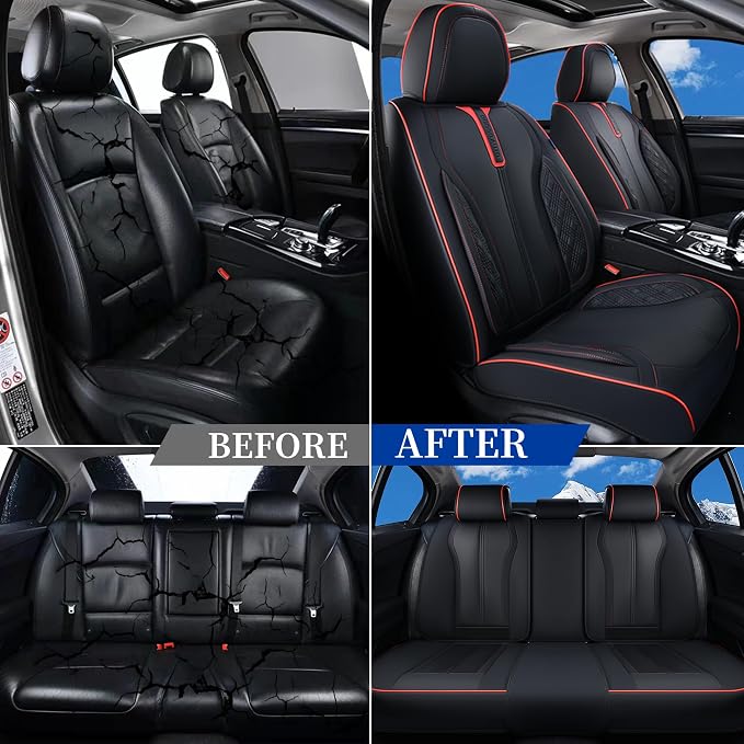 Doogo Car Seat Covers Full Set, Waterproof Car Seat Protector, Universal Automotive Interiors Fit for Most Sedan, SUV, Truck, Pickup, Vans (Black&Red line)