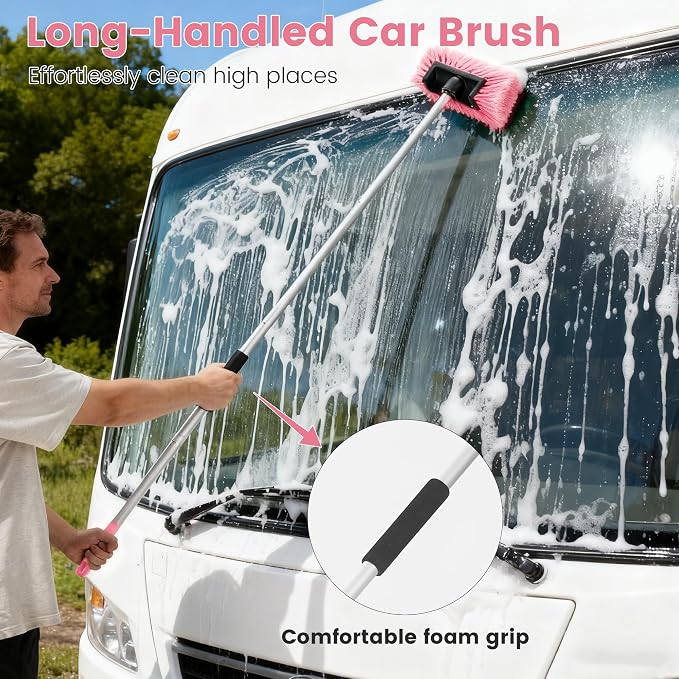 Car Wash Brush with Long Handle, 60'' Soft Bristle Cleaning Brush, Car Cleaning Brushes, Carwash Brushes for SUV, RV, Boat, Truck, House Siding, Sweep Snow,Pink