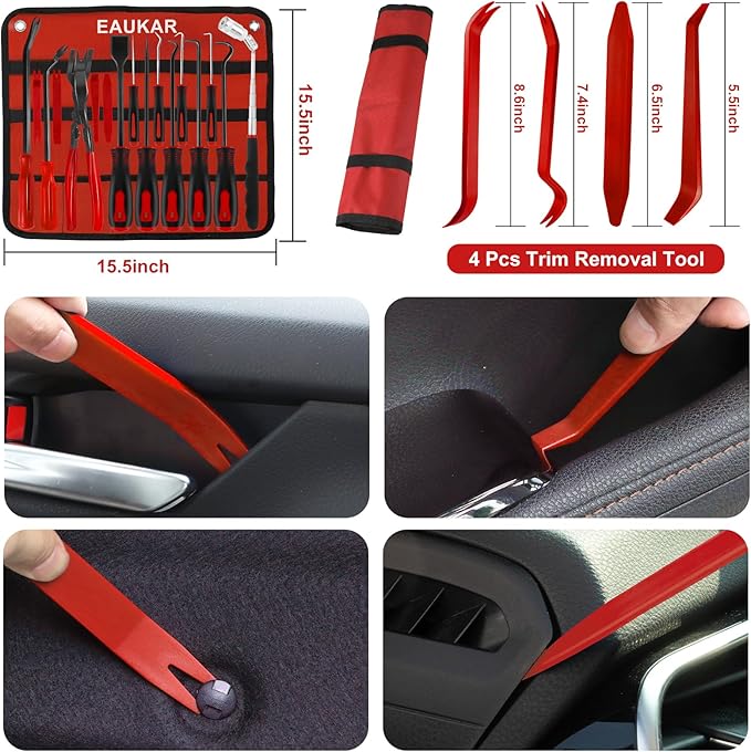 17Pcs Hook and Pick Tool Set with Scraper Auto Clip Removal Plier Fastener Remover Rivets Puller Mechanic Car Trim Removal Tool Kit Gasket Telescoping Magnetic Pickup Hand Automotive Tools (Red)