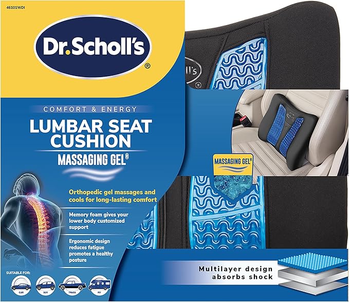 Dr. Scholl’s Massaging Gel Lumbar Seat Cushion for Car, Truck, SUV — Black