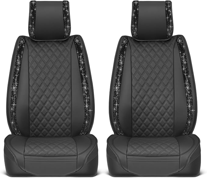 BlingStitch™ Car Seat Covers for Front Seats - Luxurious Black Vegan Leather Seat Covers for Cars with Black Bling Crystals, Premium Automotive Seat Covers for SUV, Trucks, Car Bling Luxury