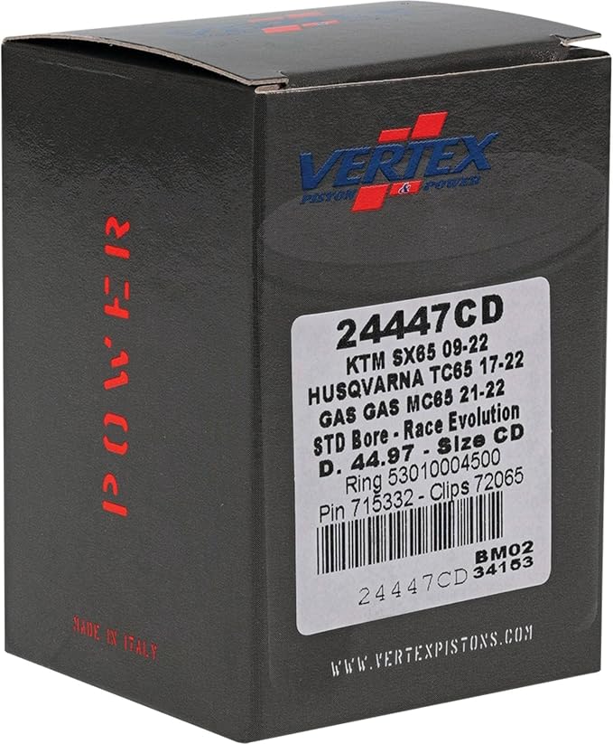 Vertex 24447CD Cast Race Piston Kit Compatible With/Replacement For KTM 65 SX 2009-2022, Husqvarna TC 65 2017-2022 45 mm Cylinder Diameter, 65 cc Displacement, 44.970mm Piston Diameter