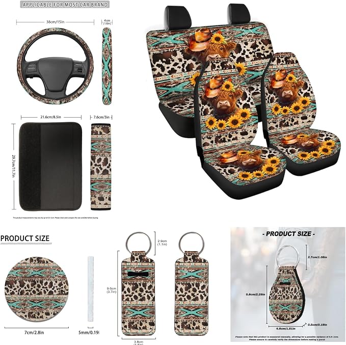 INSTANTARTS Aztec Highland Cow 13 Piece Seat Cover Set - Universal Car, Steering Wheel, Seat Belt, Coaster & Keychain Covers - Washable Auto Accessories - Sunflower Cow Tattoo