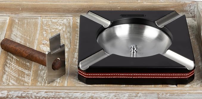 Leather Motif Trim 4 Cigar Ashtray with On-Board Guillotine Cutter - Color: Black & Burgundy Red