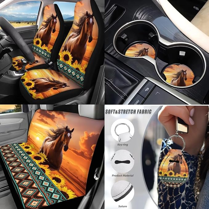 Animal Horse Car Seat Covers Full Set of 17 Pcs Sunflower Car Floor Mats Set of 4 Horse Automotive Accessories with Steering Wheel Cover Seat Belt Cover Pad Car Armrest Pad,Universal Fit
