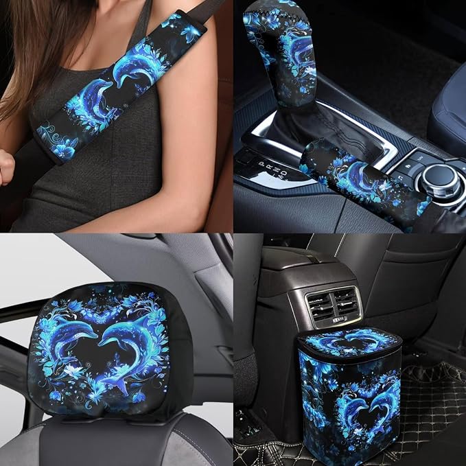 BIGCARJOB 15 Pack Neon Dolphin Car Seat Cover Full Set Auto Seat Headrest Cover Universal Steering Wheel Cover Car Trash Can Hanging Automotive Interior Sets for Women Gifts