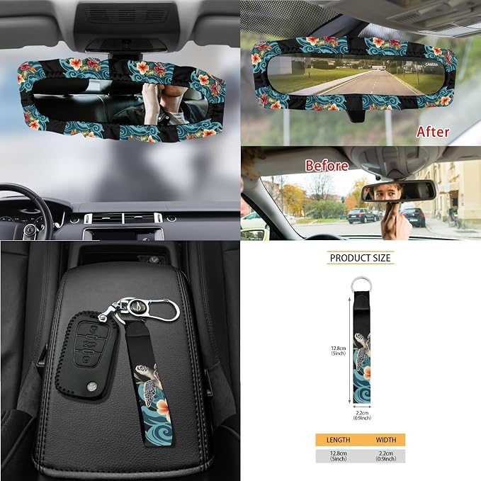 Turtle Frangipani Wave Print 15 Pack Car Accessories Set with Car Seat Covers Seatbelt Strap Pad Air Vent Storage Bag Steering Wheel Cover Rearview Mirror Cover Cup Holder Keychain