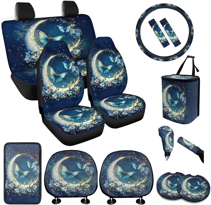 BIGCARJOB Moon Butterfly Car Seat Cover Full Set 15 Pieces Butterfly Print Car Interior Accessories Set with Steering Wheel Cover Car Trash Can Hanging Seat Headrest Covers for Womens
