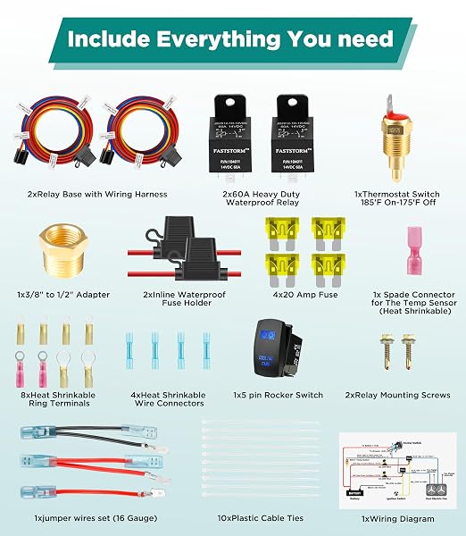12V Dual Electric Fan Waterproof Relay Kit with Cooling Fans Rocker Switch with Jumper Wires Set 185 On 175 Off Temperature Sensor Switch for Cars Trucks RVs