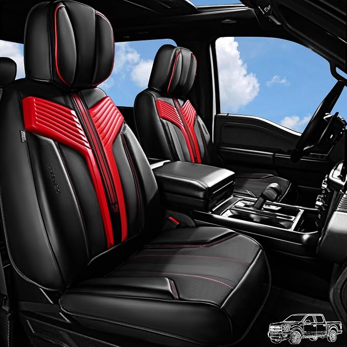 CAR PASS Nappa Leather Seat Covers, Breathable Waterproof Car Seat Covers Full Set, Luxury Leather Front and Back Seats Full Coverage, Universal Fit SUV Pick-up Truck Sedan Automotive(Black Red)
