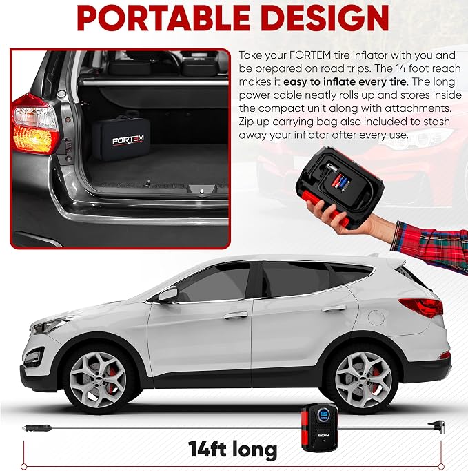 FORTEM Car Trunk Organizer (Grey, Standard) + Portable Tire Inflator