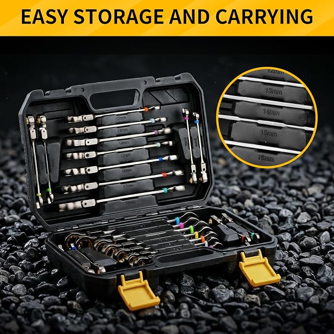 GRENPRO 23PCS Flex-Head Ratcheting Wrench Set, Combination Ratchet Wrenches Set Metric and Standard & SAE with Organizer Box, 6-18mm & 1/4" to 3/4" with Color Ring, Nickel Plating Socket Mechanic Tool