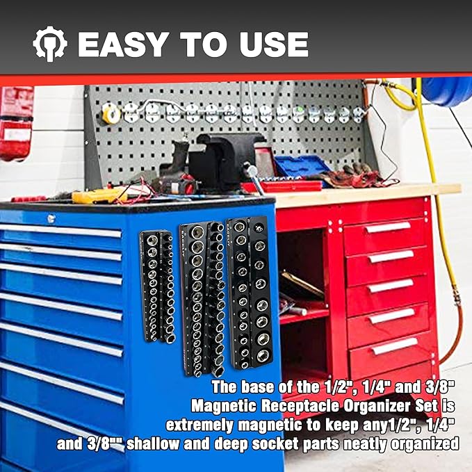 EACELIY 3Pcs 1/2", 1/4" and 3/8" Magnetic Socket Organizer Set,Metric Socket Holder Kit, Socket Trays,holds 75 Deep and Shallow 3/8" Sockets(sockets not included)