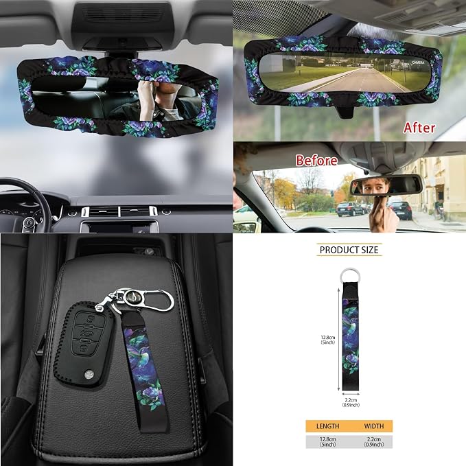 Hummingbird Floral Print Car Seat Cover Set of 15 Steering Wheel Cover Seatbelt Strap Pad Trash Cans Rearview Mirror Covers Air Vent Storage Holder Coasters Keychain Universal Fit