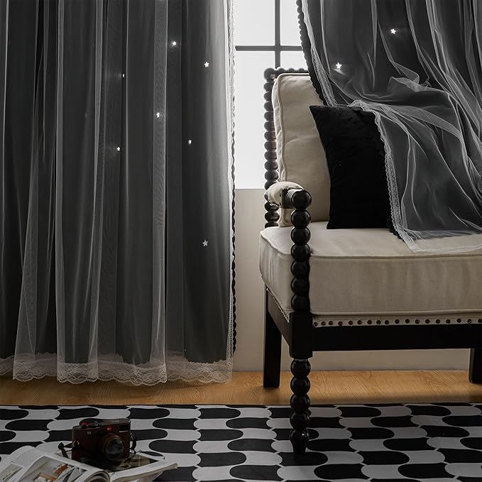 XiDi Black Curtains for Bedroom 84 Inches Long 2 Panels Set Blackout Double Layer Drapes for Nursery Kids Bedroom Star Cut Out Wall Home Decor Grommet Curtains for Living Room Darkening 34 Inch Wide