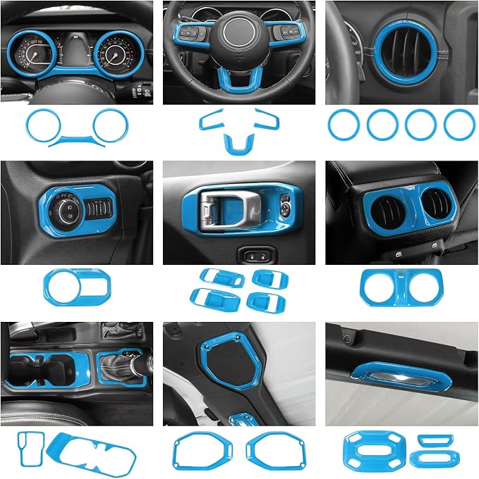 23pcs Full Set Interior Trim Kit for Jeep Wrangler JL JLU Gladiator JT 2018-2023 Steering Wheel Door Handle Air Conditioning Vent Cup Holder Reading Light Headlight Gear Cover, Light Blue