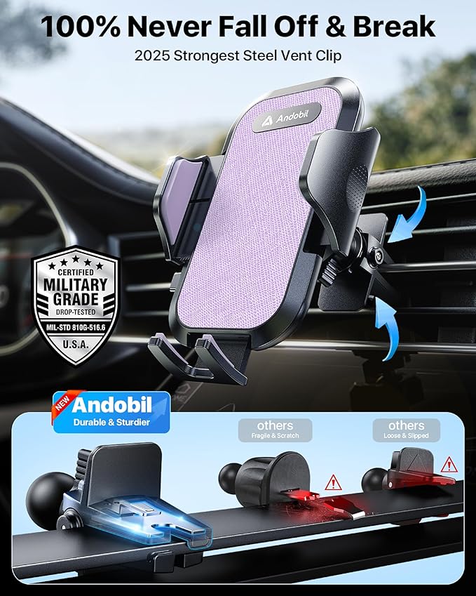 andobil Car Phone Holder, 2026 Military-Grade 89bs Strongest Suction Phone Holders for Your Car Dashboard/Windshield/Vent Easy Clamp Cellphone Holder Truck Stand for iPhone 17 16 15 Pro Max, Purple