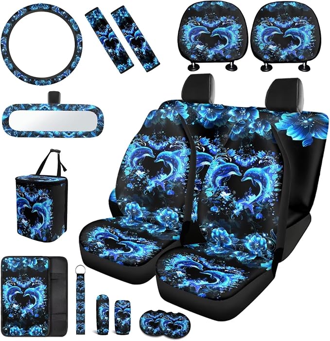 Neon Dolphins Car Seat Covers Full Sets of 17 Pack,Blue Dolphins Car Accessories Sets for Women with Animals Auto Seat Head Rest Protector Rear View Mirror Cover,Steering Wheel Car Cover