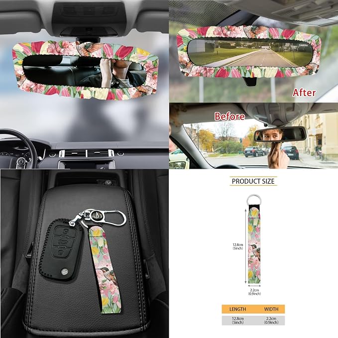 Hummingbird Tulip Floral Print Car Seat Cover Set of 15 Steering Wheel Cover Seatbelt Strap Pad Air Vent Storage Holder Trash Cans Rear View Mirror Cover Coasters Key Chain