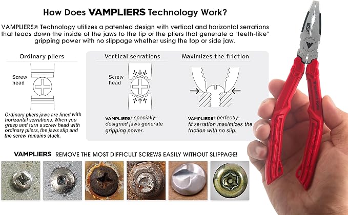 VAMPLIERS 2-PC Screw Extraction Pliers Set. Includes: 7.5" VISE-GRIP LOCKING PLIERS + 7" BOSS Stripped Screw Removal Pliers. Unique Non-slip Jaws.