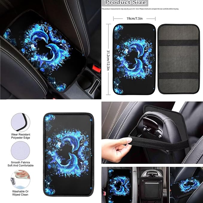 Heart Floral Dolphin Car Seat Covers Full Set 8 Pcs Car Accessories for Women Front Seat Cover Steering Wheel Armrest Cover Seat Belt Cover for Auto SUV Interior Decoration