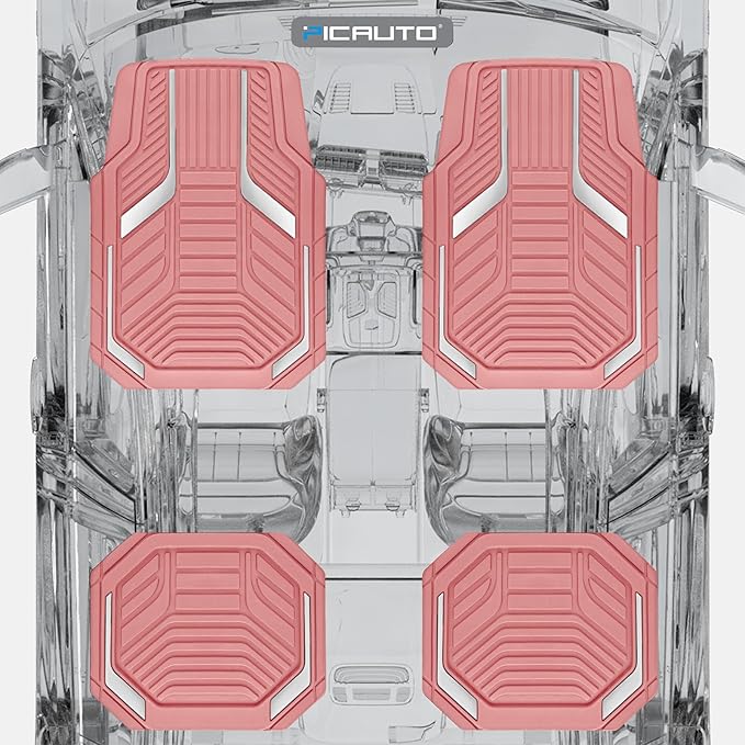 PIC AUTO Heavy Duty Pink Rubber Floor Mats, Silver Aluminum Film Car Mats Set, Front and Rear Car Mats with Anti-Slip Backing, All Weather Protection, Trim-to-Fit for Automotive SUV, Sedan, Van