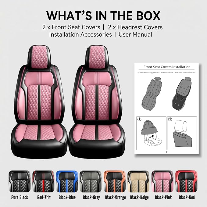 Fit Envision Car Seat Covers for Select Buick Envision 2016-2026 - Premium Full Coverage Leather, Airbag Compatible, Waterproof & All Weather Seat Cushion Protector, Front Pair Black+Pink