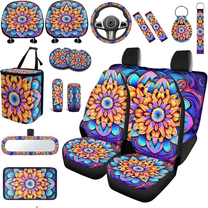 Mandala Lotus Car Seat Covers Full Sets 18 Pcs Universal Car Interior Accessories Set with Mandala Flower Print Car Headrest Covers Steering Wheel Cover Keychain Vehicle Trash Bag