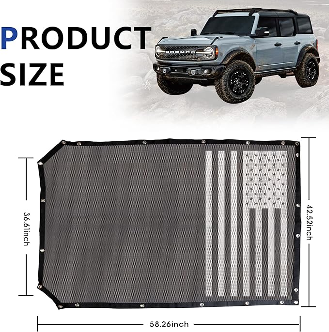 sukemichi Sunshade for Ford Bronco,Mesh Sun Shade Bikini Top Cover Bimini Top for Ford Bronco Accessories 2021 2022 2023 2024 2025 2026 4 Door - Blocks UV, Wind, Noise, (Flag)
