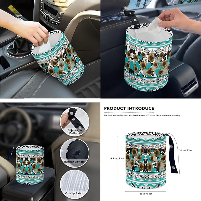 Blue Cow Pattern Sunflower Car Seat Covers Set with Seat Belt Cover, Trash Can & More - 15 Pack